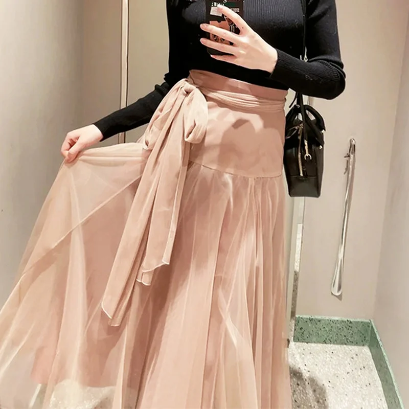 

Japanese 2022 Spring Summer New Mujer Faldas Sweet Fairy Women Skirts High Waist Tulle bowknot Lace Up Pleated Jupes