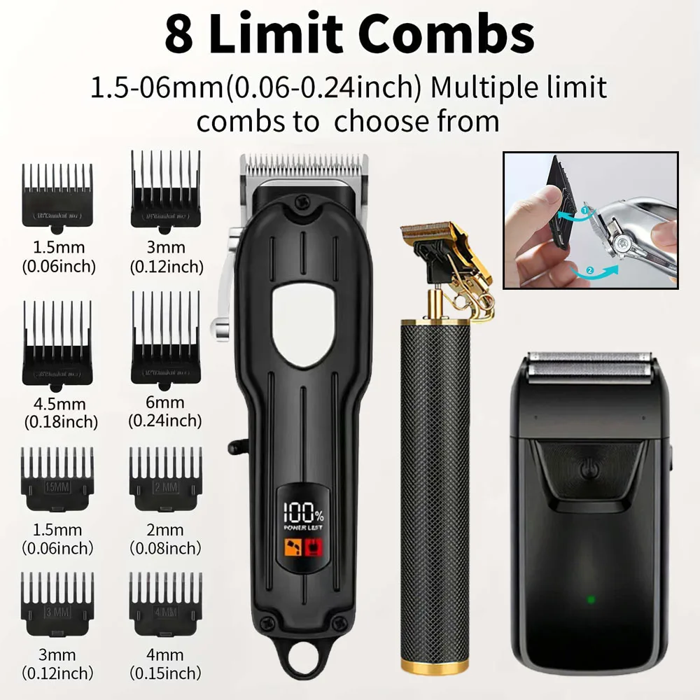 Professional Hair Clipper Set with LCD Display, Rechargeable Electric Trimmer for Men, Includes T-Outliner, Foil Shaver, Guide Combs & Accessories view 2
