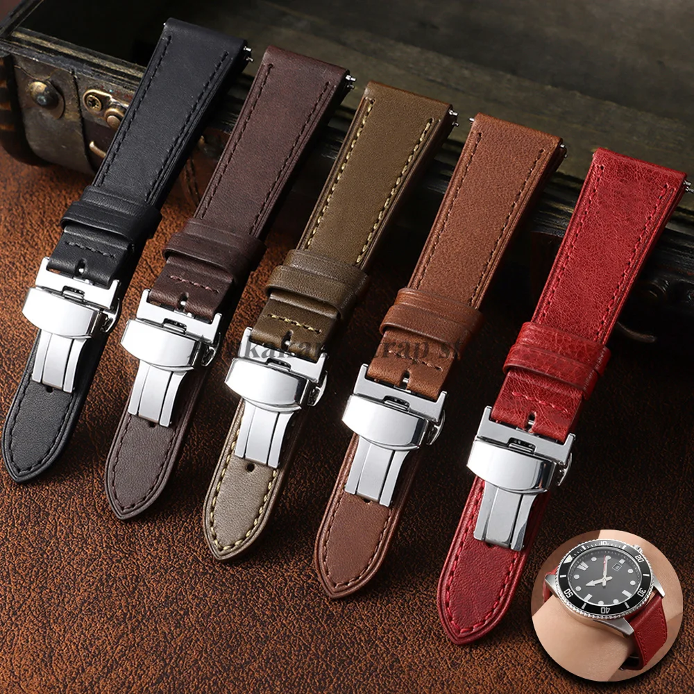Top Layer Cowhide Leather Watch Band 18mm 20mm 22mm 24mm for Rolex Watch Strap Butterfly Buckle Wrist Belt for Omega Bracelets