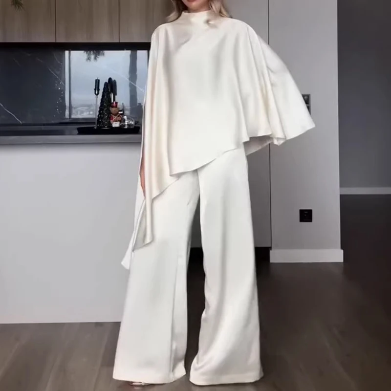 Elegant High Waisted Satin Long Pant Suits Irregular Hem Stand Neck Tops & Pant Set Casual Half Sleeves Women's 2 Piece Outfits