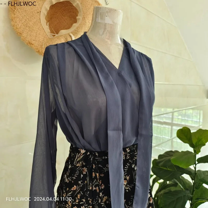 Chic Korea Fashion Tops Blouses 2024 Women Summer Office Lady Show Elegant Pink Gray Sexy Transparent Basic Shirts