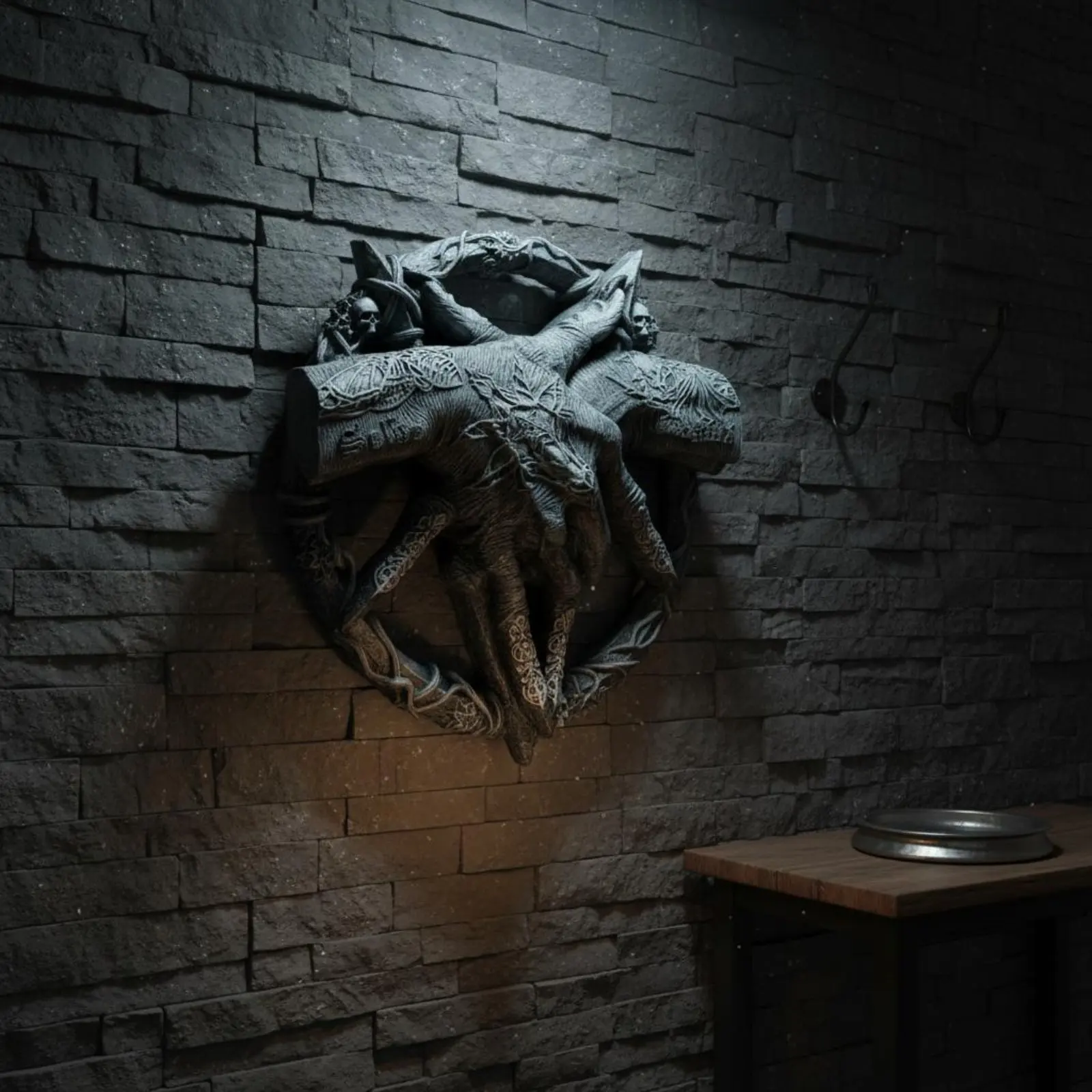 Demon Hand Sculpture Resin Material Horned Hand Figurine Dark Dark Ornament Handmade Look Home Decor for Living Room