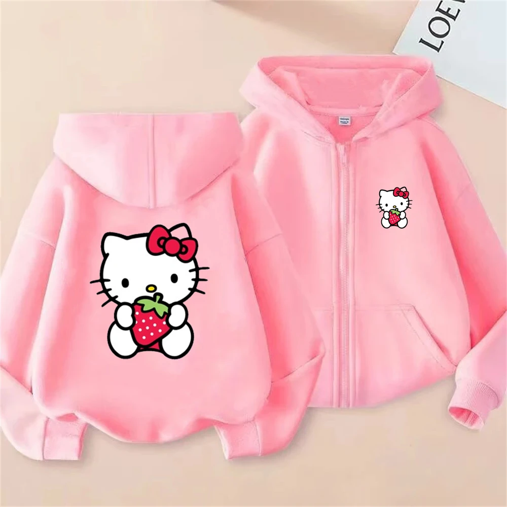 Kawaii Olá Kitty Pink Hoodie Crianças Zipper Roupas Meninas Roupas Moda Meninos Roupas Outono Moletom Quente Crianças Tops