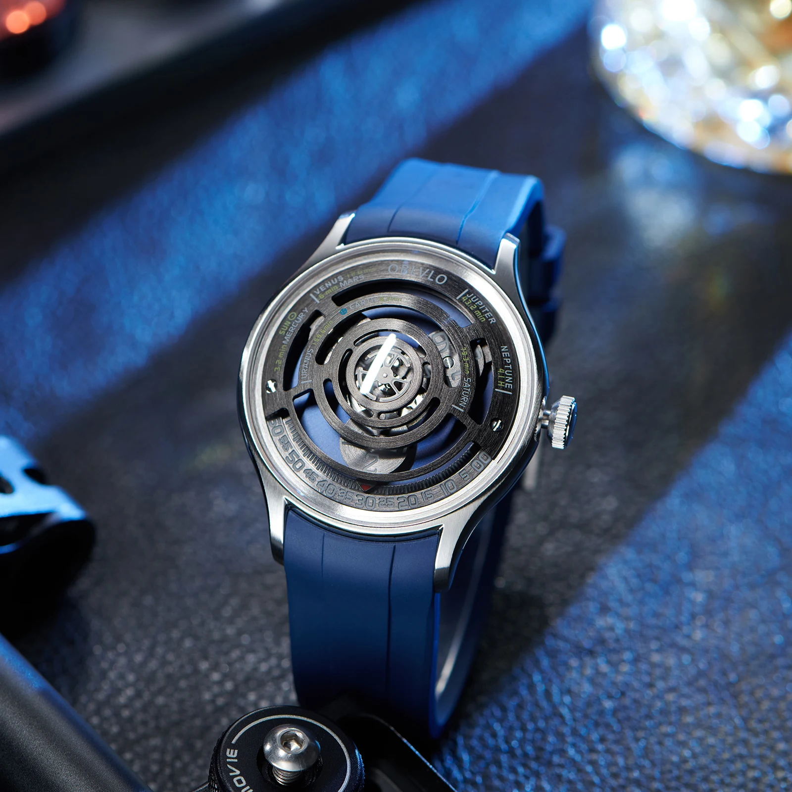 OBLVLO Designer Circular Dial Blue Nightlight Silicone Automatic Watch Unique Rotor Blue Dial Mechanical Watches BLM-SOLAR