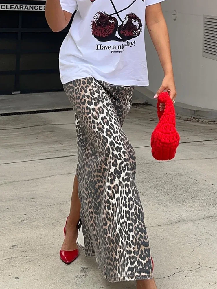 HOUZHOU Women Leopard Print Maxi Skirt Fashion Vintage Harajuku Split High Waist Straight Long Skirt Elegant Casual High Street