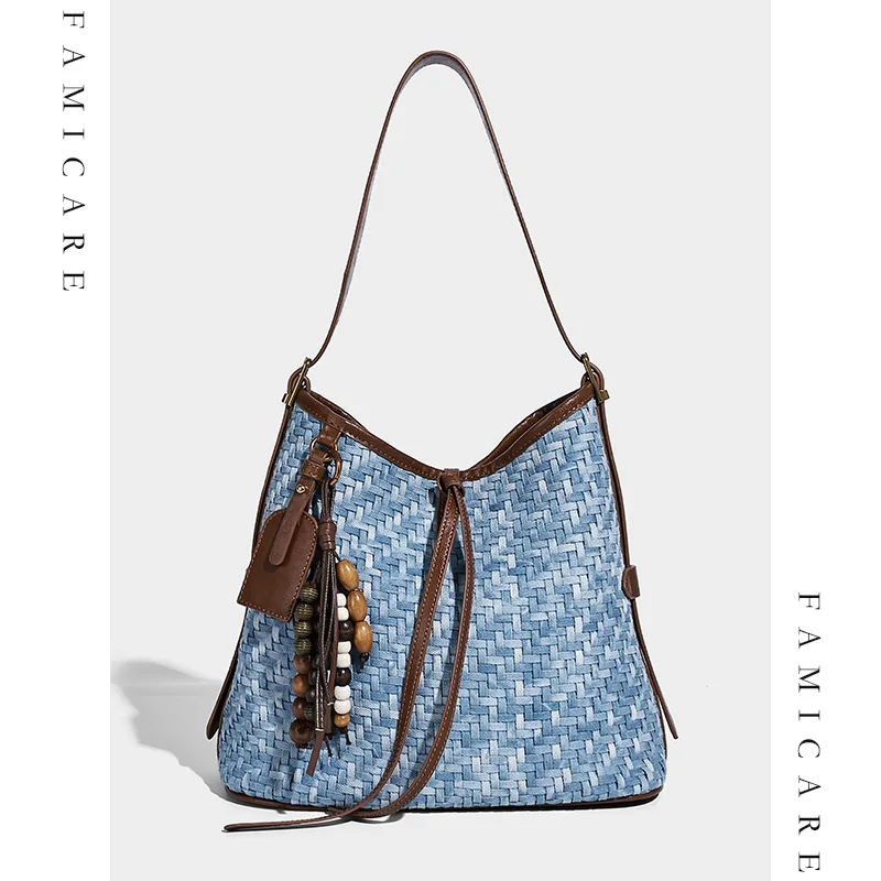 

Новинка 2023 года, тканая сумка-ведро, просторная большая сумка, женская сумка через плечо, универсальная минималистичная шикарная стильная сумка с цветными блоками