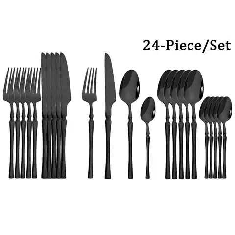 JANKNG 24Pcs Cutlery Set Stainless Steel Dinnerware Tableware Kitchen Food Flatware Black Silverware Bright Set Fork Knife Spoon