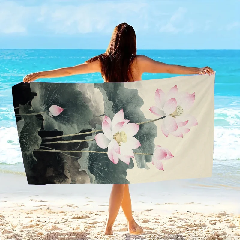 Pink Lotus Beach Towel,Chinese Ink Painting Style Watercolor Flower Art Quick Dry Microfiber,Sand Free,Perfect for Summer Travel