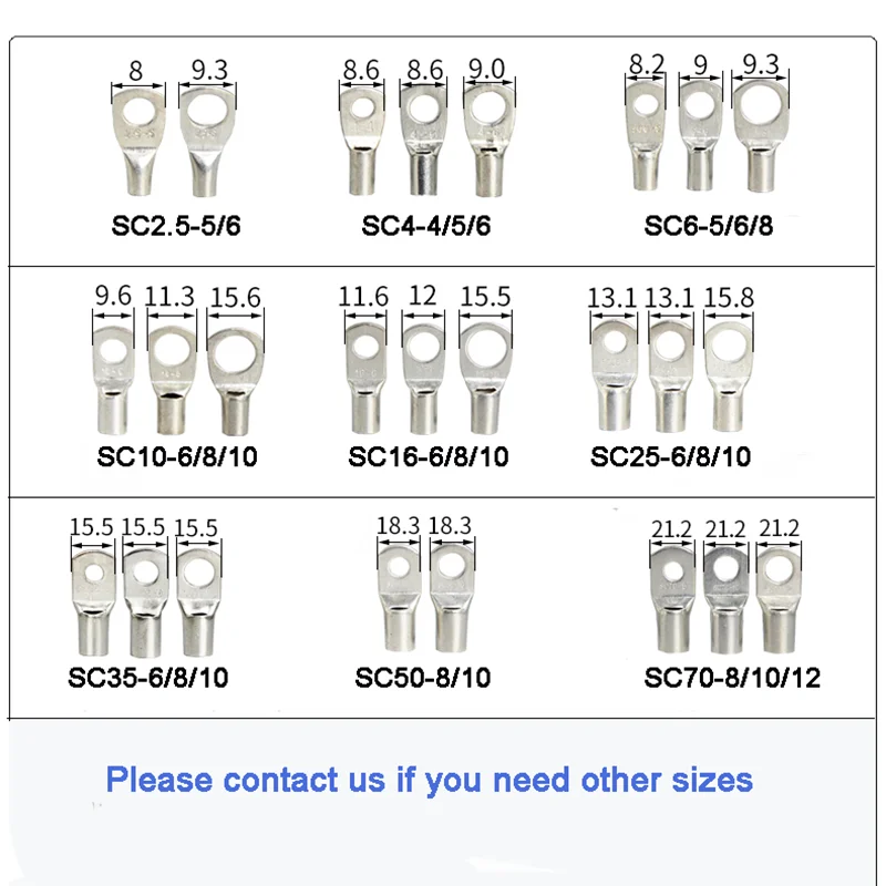 1 Pcs SC25/35/50/70 Tinned Copper Cable lugs Bare Battery Terminals Set M6/M8/M10/M12 Metal Connectors Copper Cable Lugs