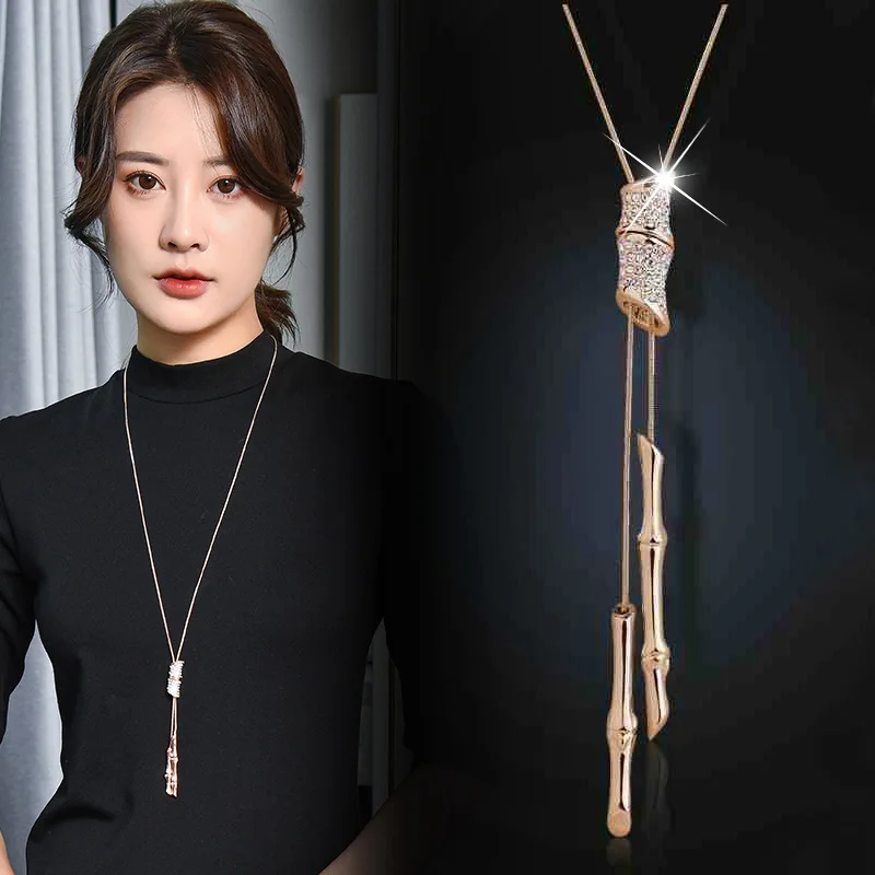 Ciondoli versatili, alla moda e semplici, collana di bambù verde quattro stagioni, catena di maglioni, collana lunga da donna