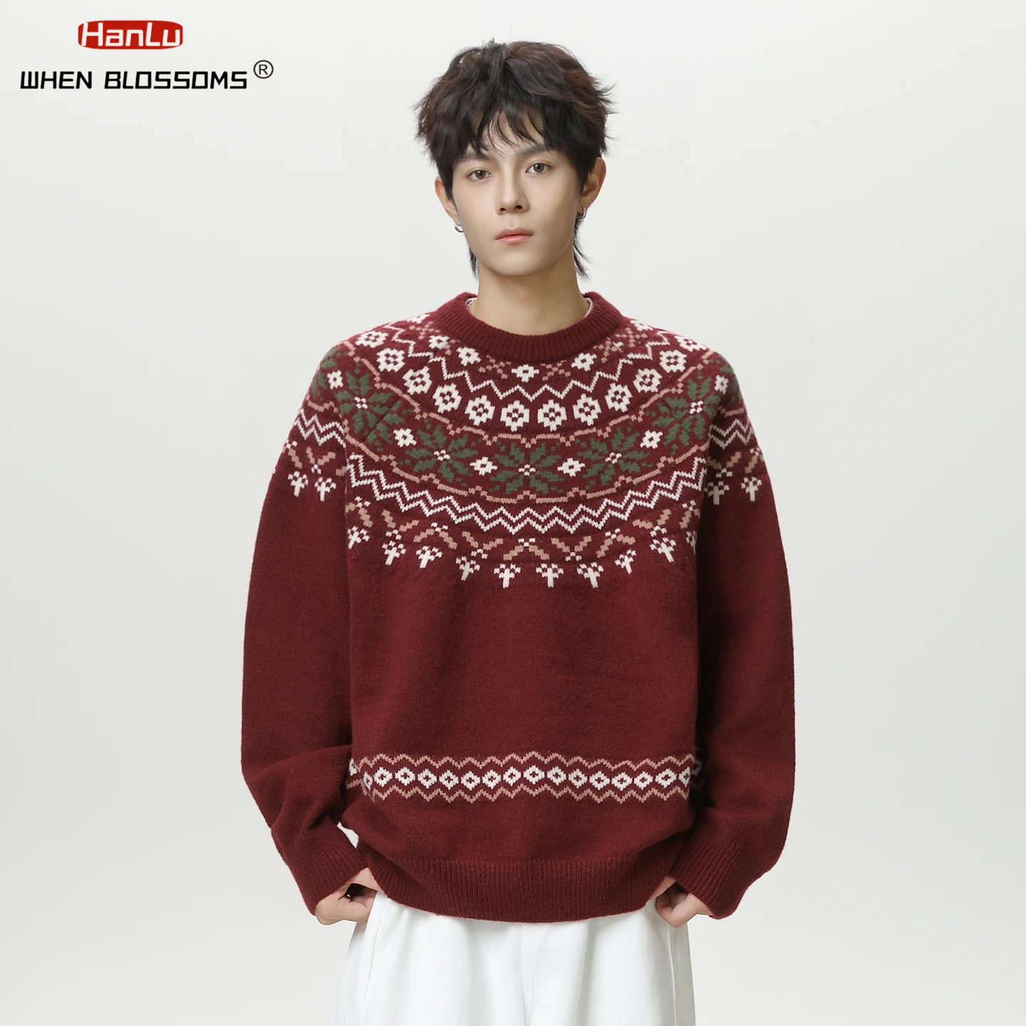 Hanlu 2025 Men's Fair Isle Sweater Vintage American Style Textured Knitwear Oversized Casual Crewneck Pullover