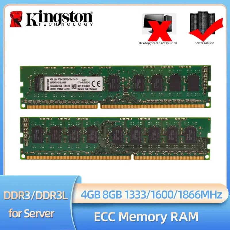 1/2/4PCS Kingston DDR3 DDR3L ECC RAM 4GB 8GB 1333MHz 1600MHz 1866MHz 240pin PC3-12800E ECC DIMM sem buffer para estação de trabalho