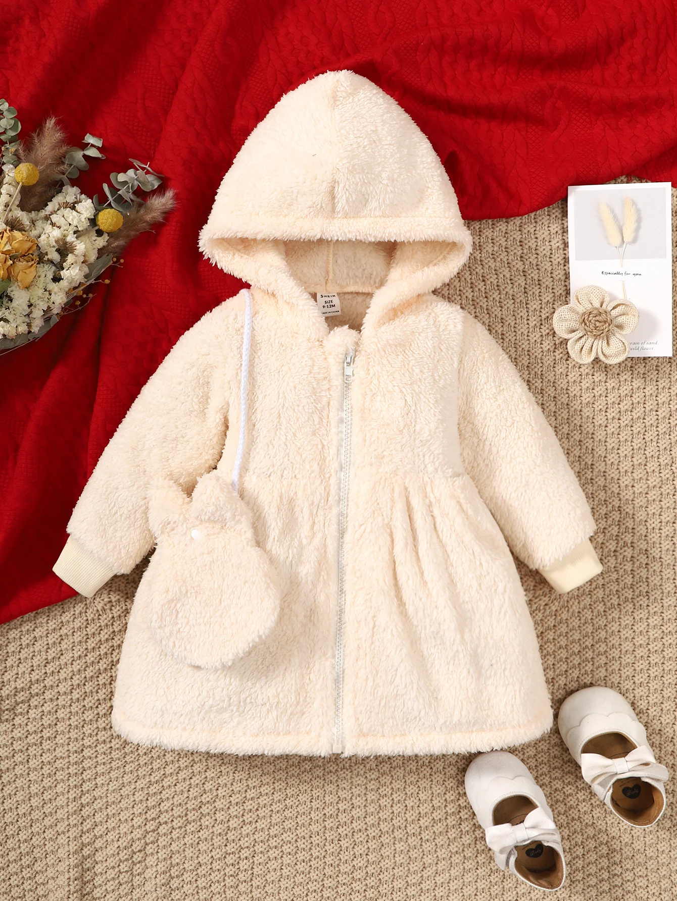 Baby Girl Plush Hooded Dress Long Sleeves Zippers Warm Coat Skirt+Cute Shoulder Bag Autumn&Winter Outfit for Toddler Girl 1-3Age