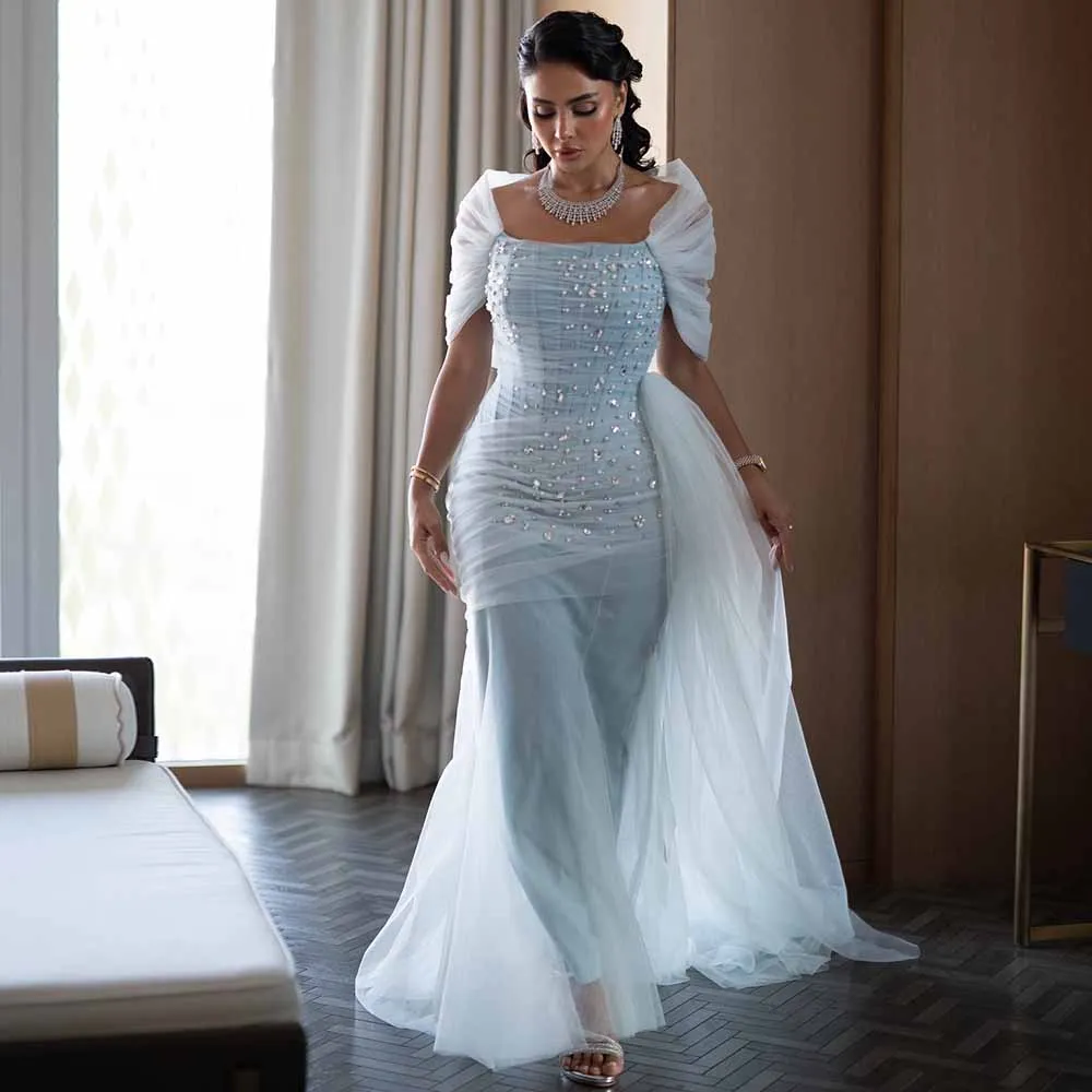 دبي فساتين سهرة فاخرة 2025 شيفون حورية البحر/البوق فستان المشاهير أزرق فاتح Poretrait أحجار الراين ثنيات فساتين لحضور الحفلات الموسيقية