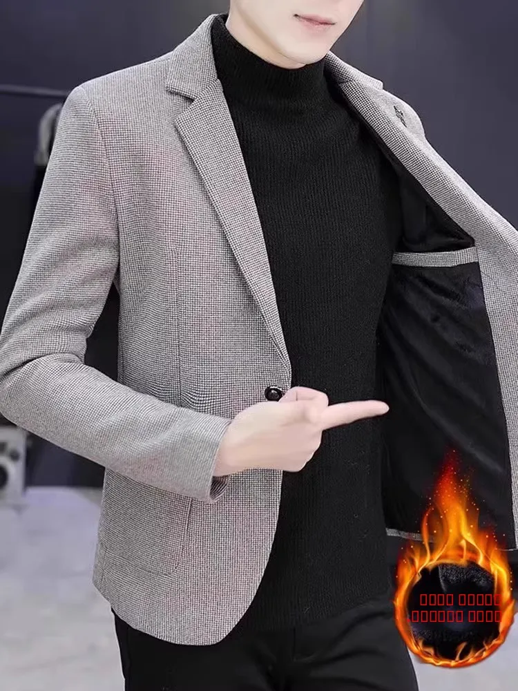 

Мужской модный повседневный пиджак на флисовой подкладке с одной застежкой, осенне-зимний, высококачественный, деловой повседневный топ