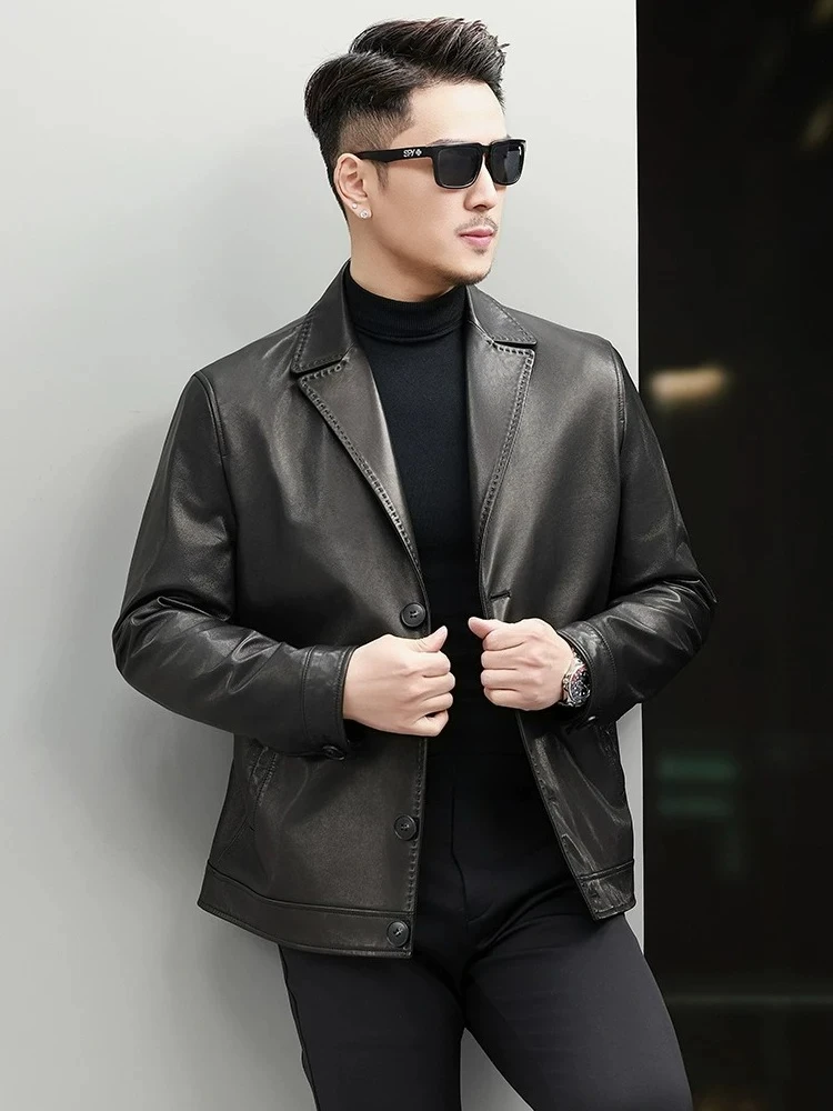 AYUNSUE Men Short Blazer 100% Genuine Leather Jacket Spring Autumn Top Layer Goatskin Real Leather Coat Trendy Outerwear abrigos