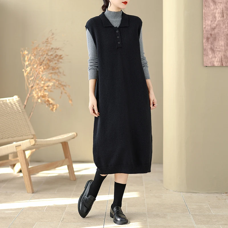 Falda acampanada de fibra de poliéster con cuello de punto Dr Loose Svel Midi Dr Pure Color Commute Sle para mujer