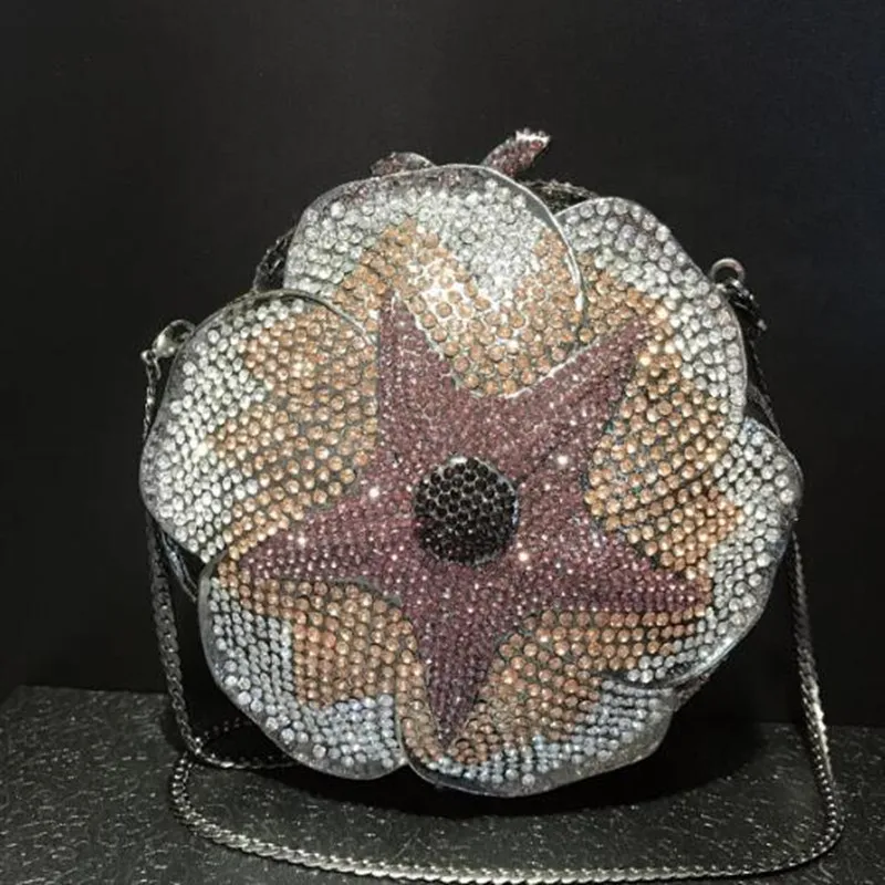 Coral starfish/Gold Rhinestones Clutch Women Floral Yellow Crystal Evening Bags Bridal Wedding Party Clutch Purse and Handbags