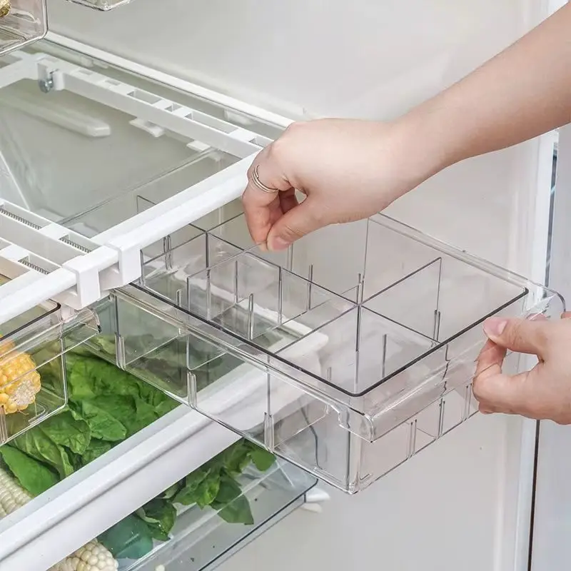 Kitchen Storage Box Refrigerator Eggs Fruit Vegetable Hanging Organizer 8 Grids Transparent Slide Rail Tray Drawer Container