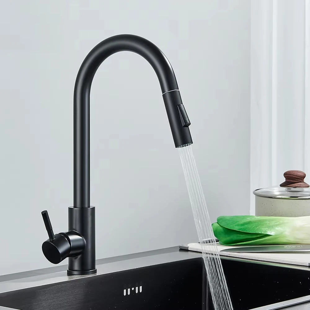 Black Kitchen Faucet Two Function Single Handle Pull Out Mixer Hot and Cold Water Taps Deck Mounted