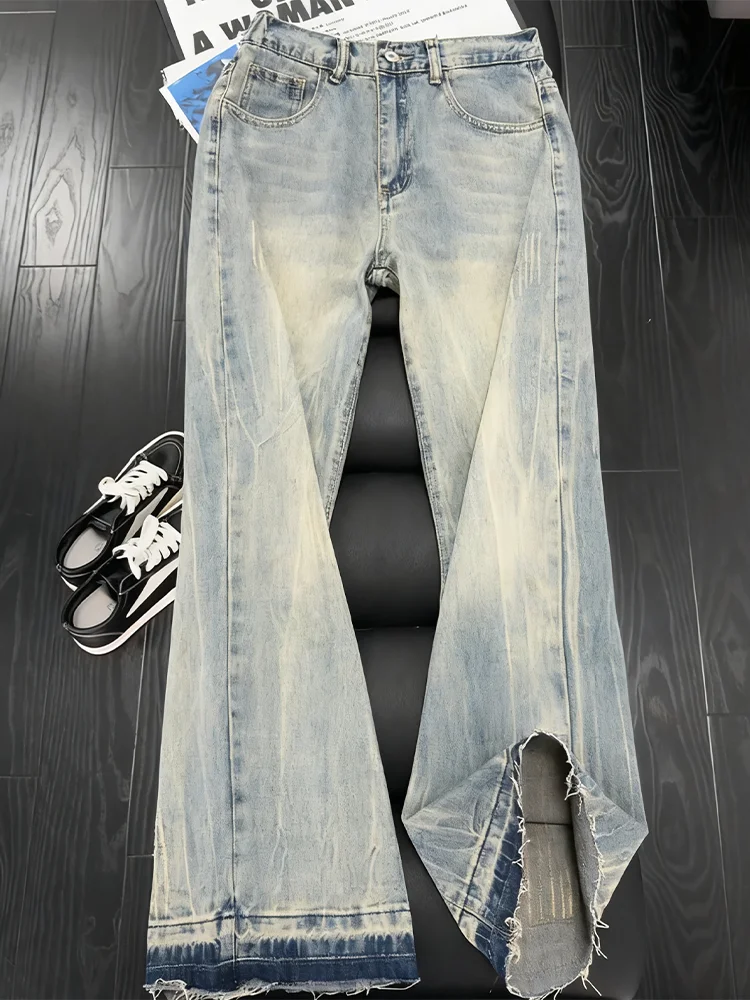 Cleanfit メンズ レトロ アメリカン スレ デニム ジーンズ サイド スリット フレイド ストレート レッグ パンツ カジュアル 通気性 コットン ブレンド パンツ