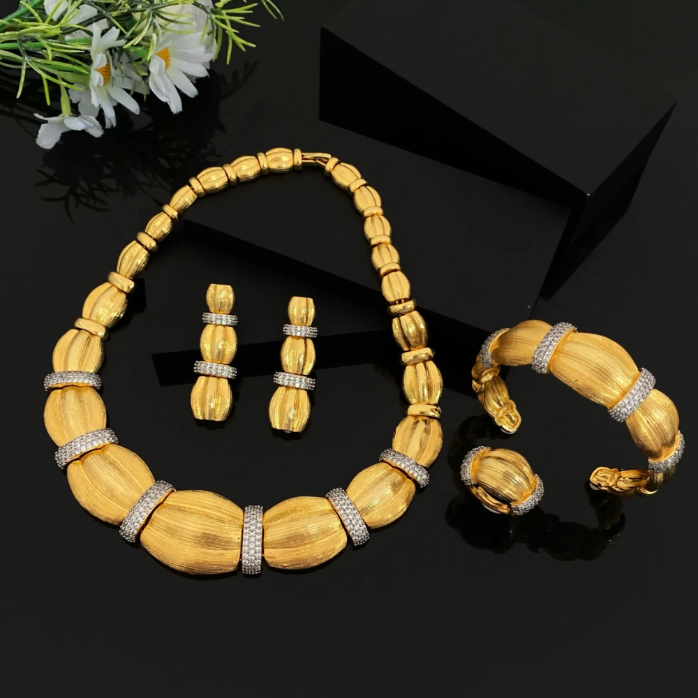 

JRH Saudi Arabia Formal Women's Zircon Jewelry Set Gold Plated Copper Bracelet Ring Necklace Earrings for Luxury Party Wear
