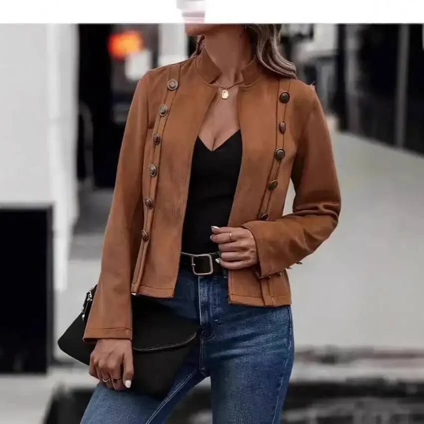 

Decorative Pure Color Double Breasted Jacket New Style Deer Skin Velvet Retro Long Sleeve Outerwear Women's Fashion Coat