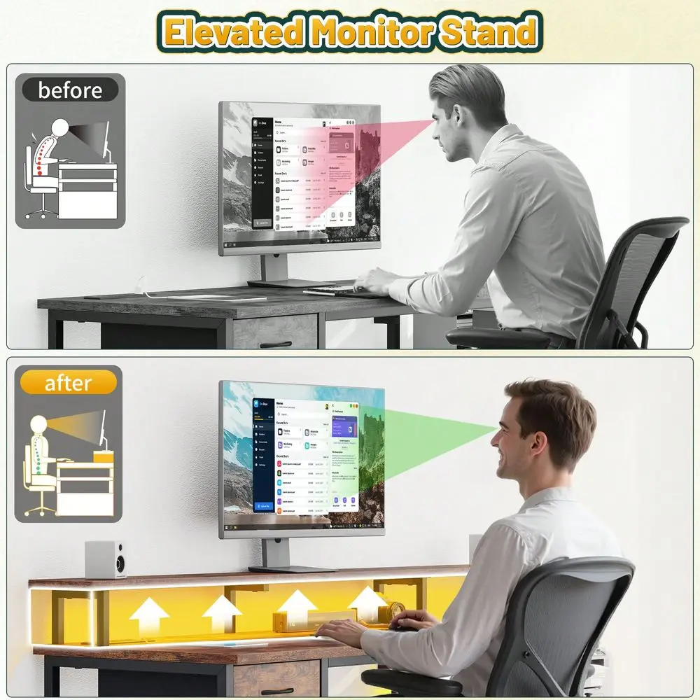 55 Zoll Computertisch mit Monitorablage und LED-Beleuchtung, Home-Office-Schreibtisch mit Steckdose, Gaming-Tisch mit Schublade und Druckerablage