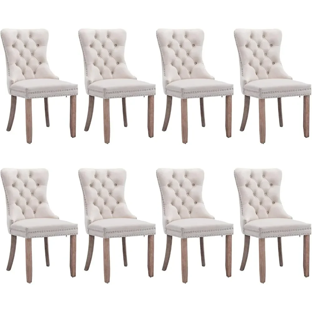 Velvet Dining Chair Set of 8, Upholstered Tufted Dining Room Chair with Nailhead Trim and Wood Leg for Kitchen, Dining Chairs