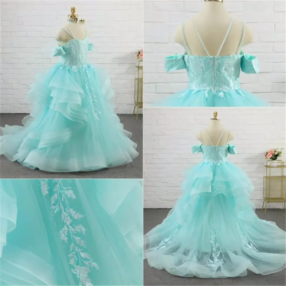 

Sleeveless Wedding Birthday Party Banquet Princess First Communion Gown Flower Girl Dress Tulle Tiered Flory Pattern Tailing