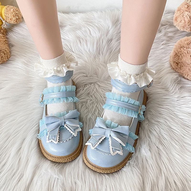 

Туфли женские Лоскутные с кружевом, милая обувь Мэри Джейн из искусственной кожи на платформе, с бантиком, голубые розовые туфли с ремешком на щиколотке в стиле "Лолита"