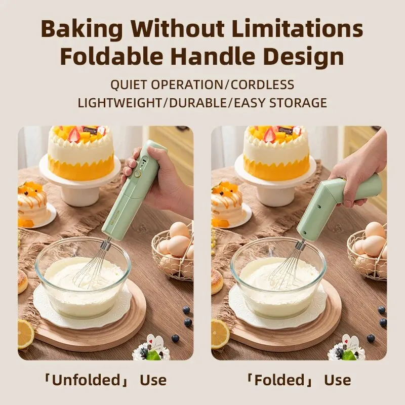خلاط قابل للطي لاسلكي محمول USB لإعادة الشحن كهربائي محمول باليد كعك كريم منزلي مضرب إرسال رأسين خلط