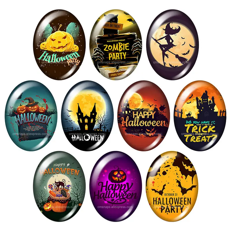 Halloween pumpkin lantern Cat Ghosts Bat 10pcs 13x18mm/18x25mm Oval photo glass cabochon demo flat back Accessories jewelry
