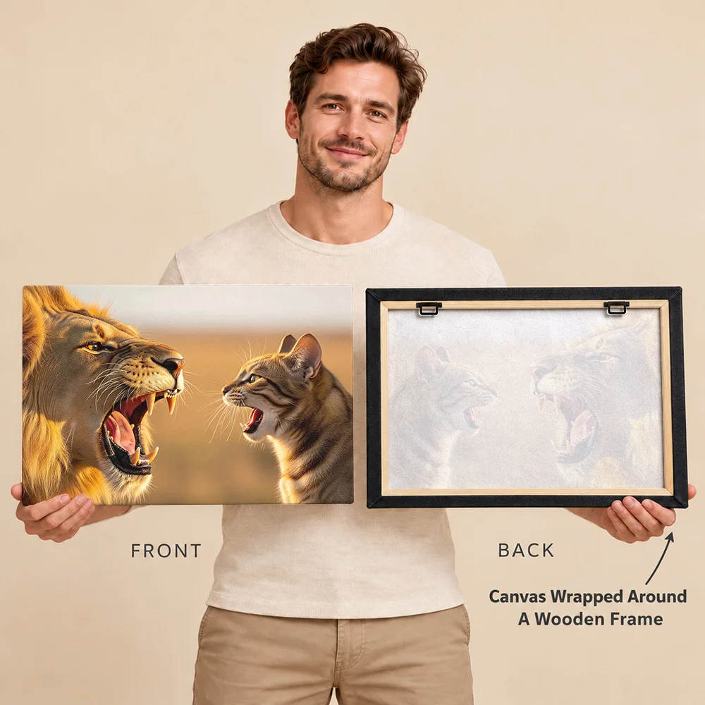 Lion Cat Roaring Faceoff Canvas Print With Wooden Frame Personalized Photo Playful Wildlife Encounter Wall Art For Living Room