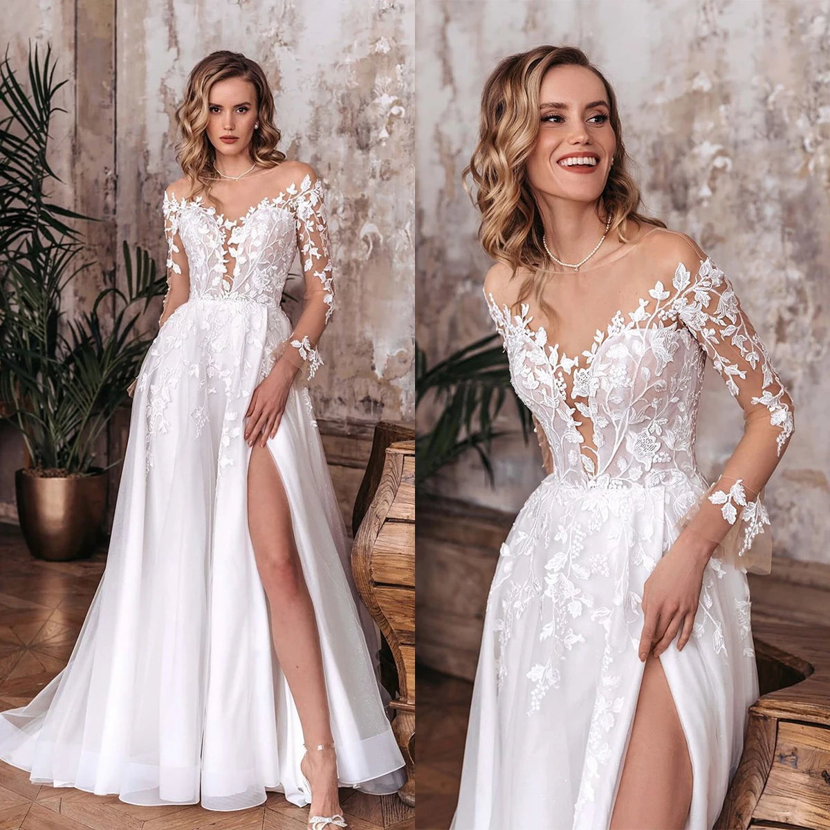 Luxury A Line Wedding Dresses Sexy High Side Split Long Sleeve Appliques Lace Bridal Gowns Customized Backless Sweep Train Robes