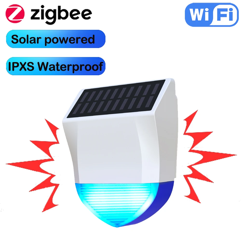 Tuya Smart Zigbee/Wifi syrena alarmowa wodoodporna na zewnątrz z zasilaczem słonecznym i USB opcjonalny pilot 95dB
