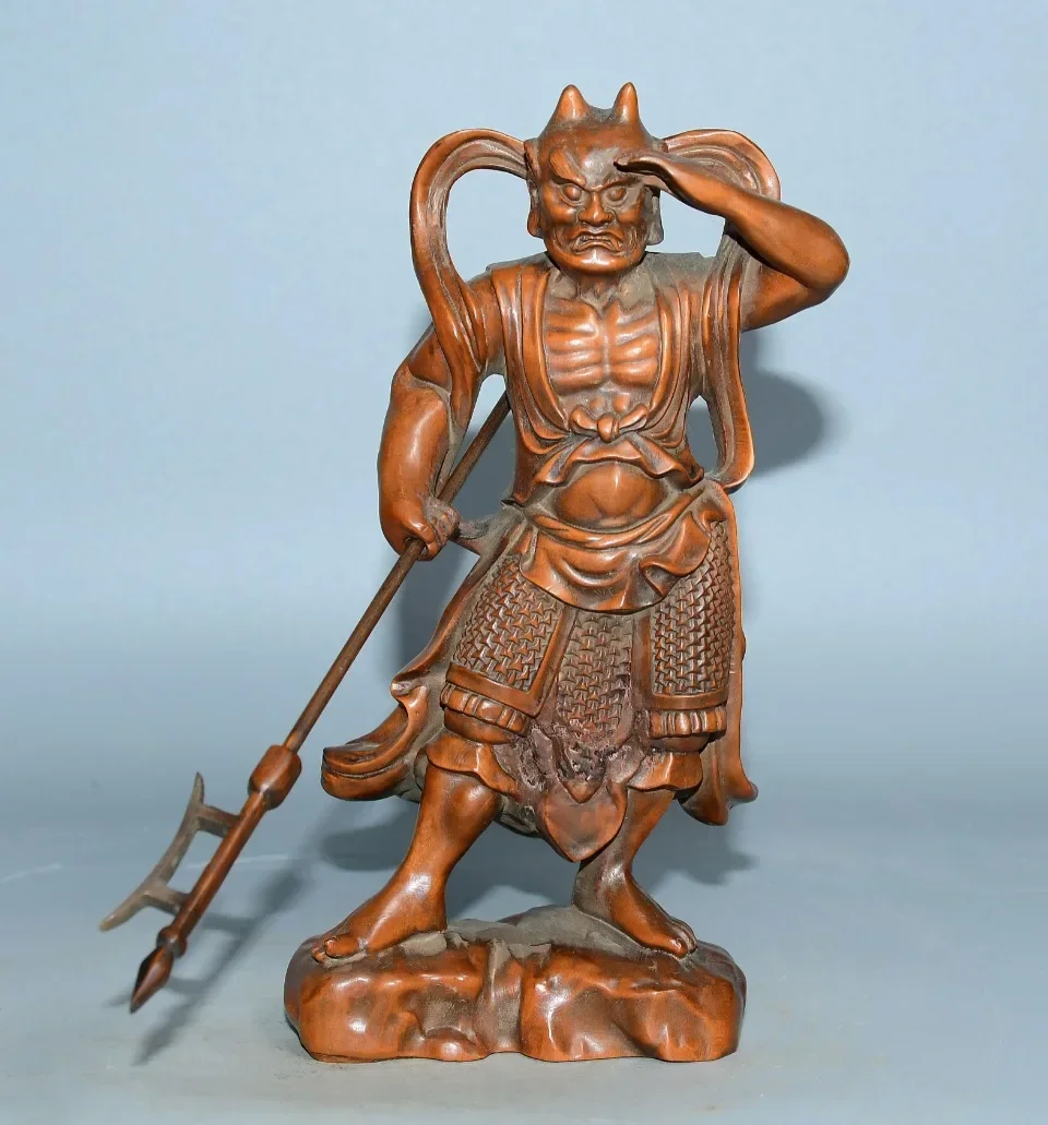 

7"Tibetan Temple Collection Old Boxwood Heha Two Goalkeepers Thousand mile Eye Shunfeng Ear door-god Worship Hall Town house