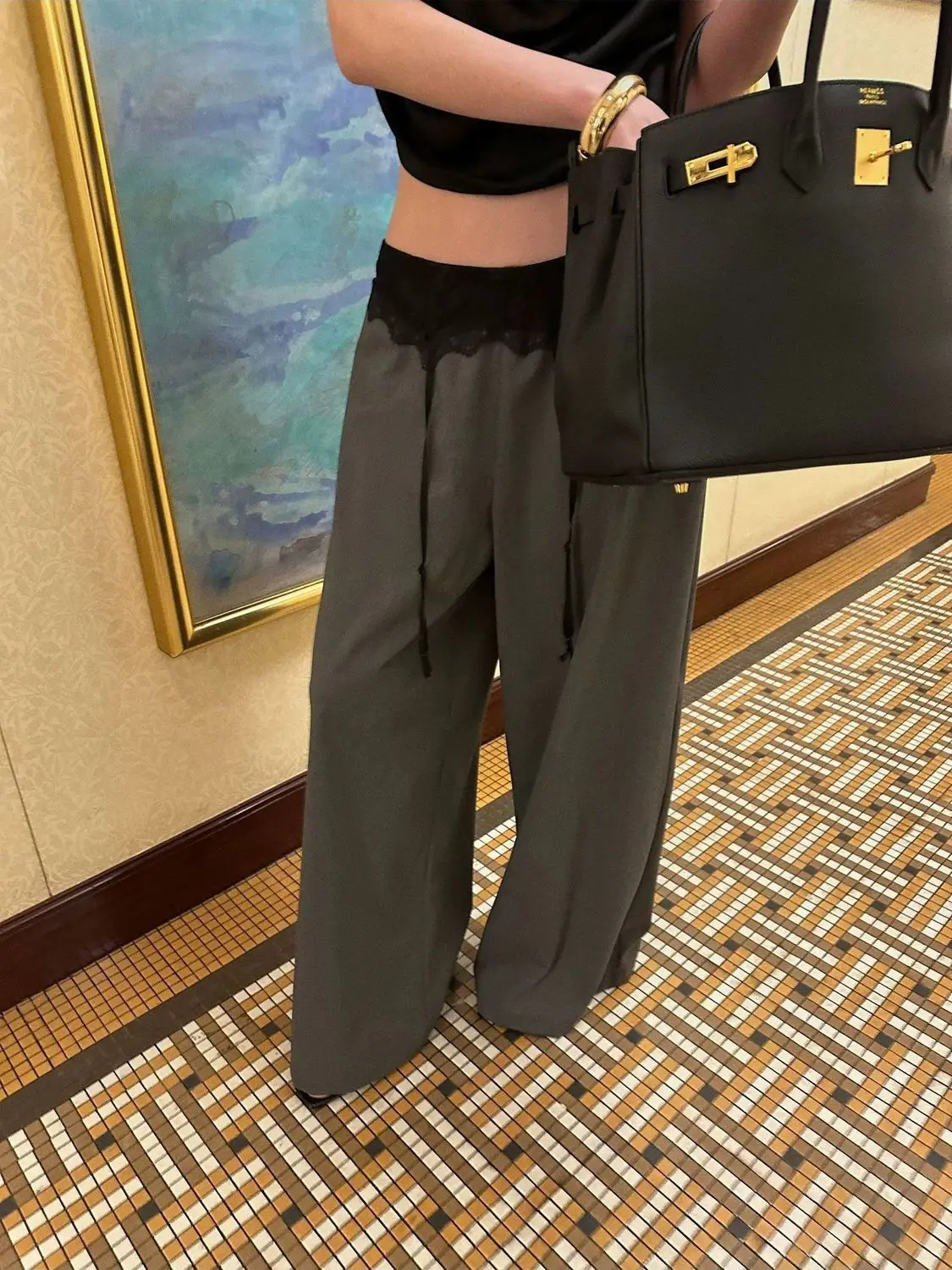 Grey Design Lace Splicing Turned Waist Casual Trousers Waist Suit Pants