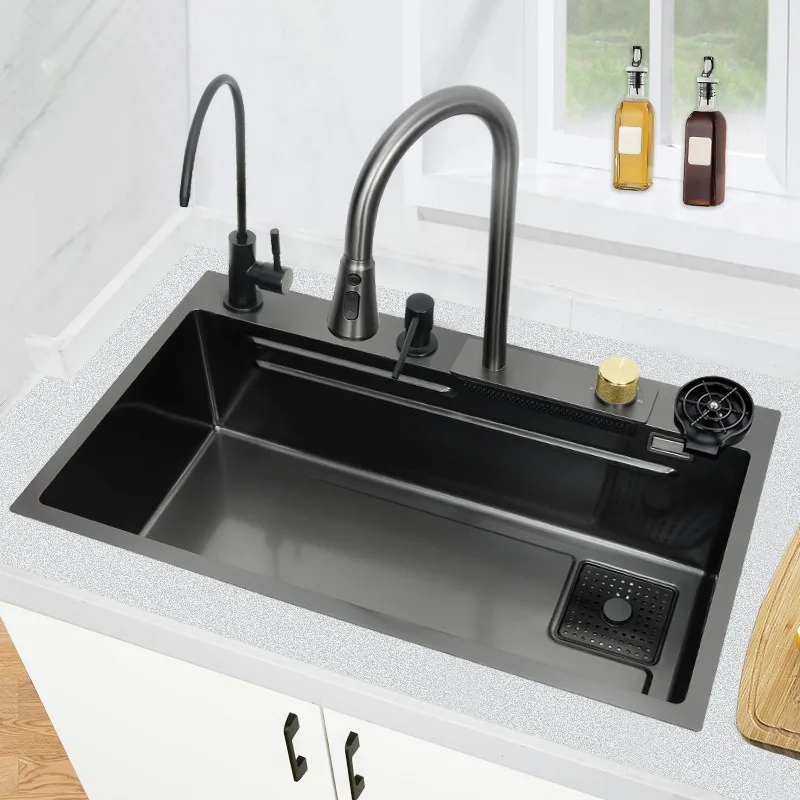 Kitchen Feiyu Waterfall Sink, Large Single Sink Under Counter Basin Thickened 304 Stainless Steel Vegetable Basin