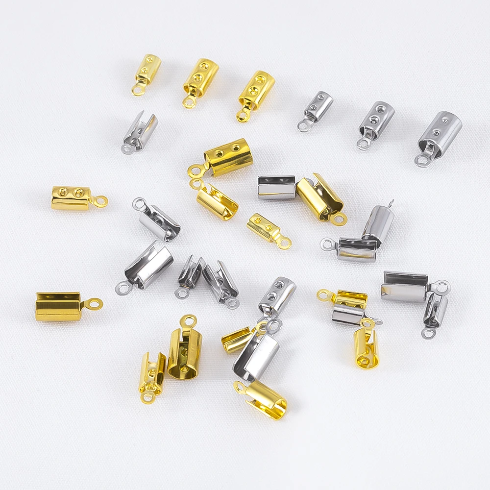 

30pcs Stainless Crimp End Beads Caps Leather Cord Clip Tip Fold Crimp Bead Bracelet Connectors for Jewelry Making Bulk Wholesale