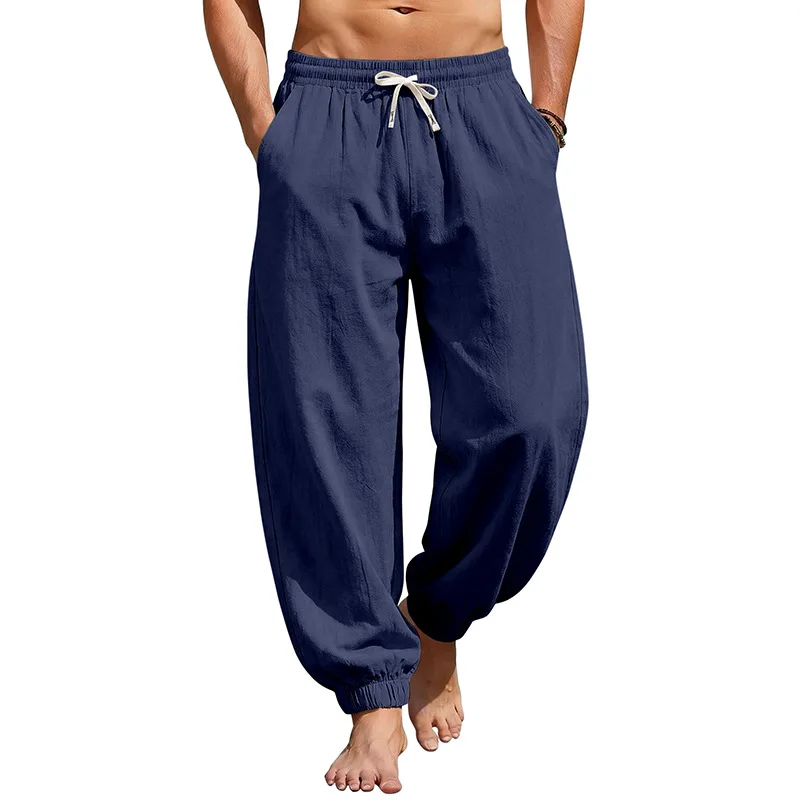 Europäische und amerikanische Freizeithose für Herren: Sommerliche Strand-Leinenhose in Übergröße mit Bündchen am Knöchel – Detail 11