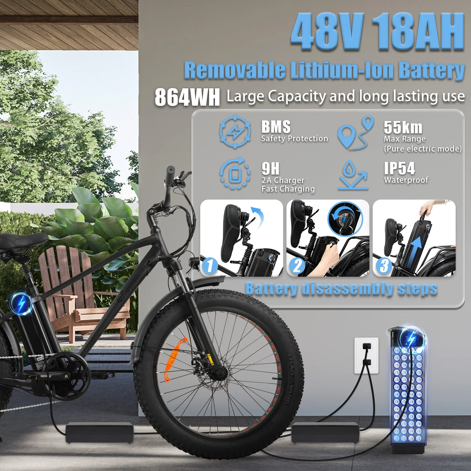 Bicicleta eléctrica Cmacewheel Ks26 48V 18Ah para adultos, con neumáticos anchos de 26 x 4 pulgadas, 7 modos de asistencia, autonomía de 60 a 80 km, motor sin escobillas, batería de litio extraíble, frenos de disco, ideal para diversas situaciones: montaña, carretera, ciudad, playa. Envío gratuito.