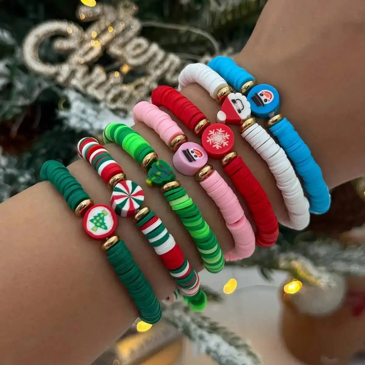 

KunJoe 7Pcs/Set 2026 Santa Claus Snowflake Christmas Tree Bracelet for Women Stackable Colorful Soft Ceramic Beaded Bracelet Set