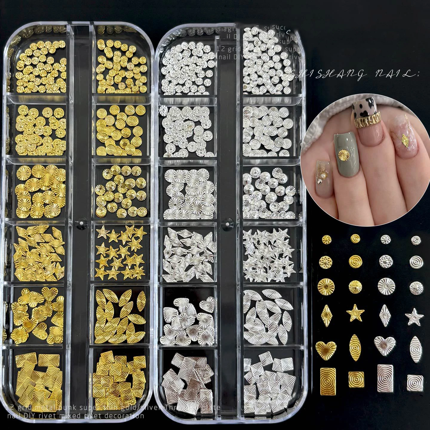 12 Grids Retro Threaded Rivets Nail Charms Gold Silver Spiral Star Heart Round Mar Rect Square Metal Studs Manicure Accessories