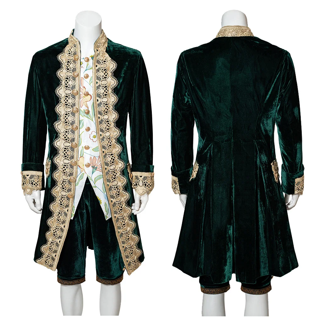 

Adult Men's 1770s Baroque Rococo Luxury Costume Outfits French Court Retro Green Velvet Uniform King Prince Costume Suit