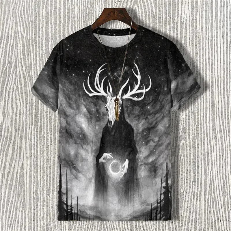 Demon Antlers Cat Pattern T Shirt For Men Retro 3D Printed Tees Summer Casual Short Sleeve Oversized Round Neck Tops T-Shirts