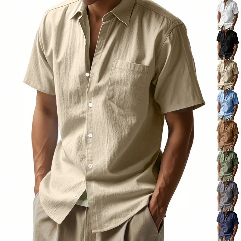 

Casual Loose Men's Short Sleeve Linen Shirt Pure Color Turn-down Collar American Style Summer Shirt with Pocket Breathable