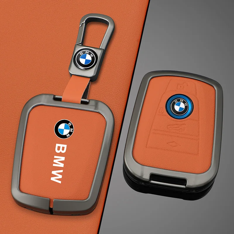Orange Leather Zinc Alloy Car Remote Key Case For BMW I3 I8 Series 2014 2015 2016 2017 2018 Protection Keychain Accessories