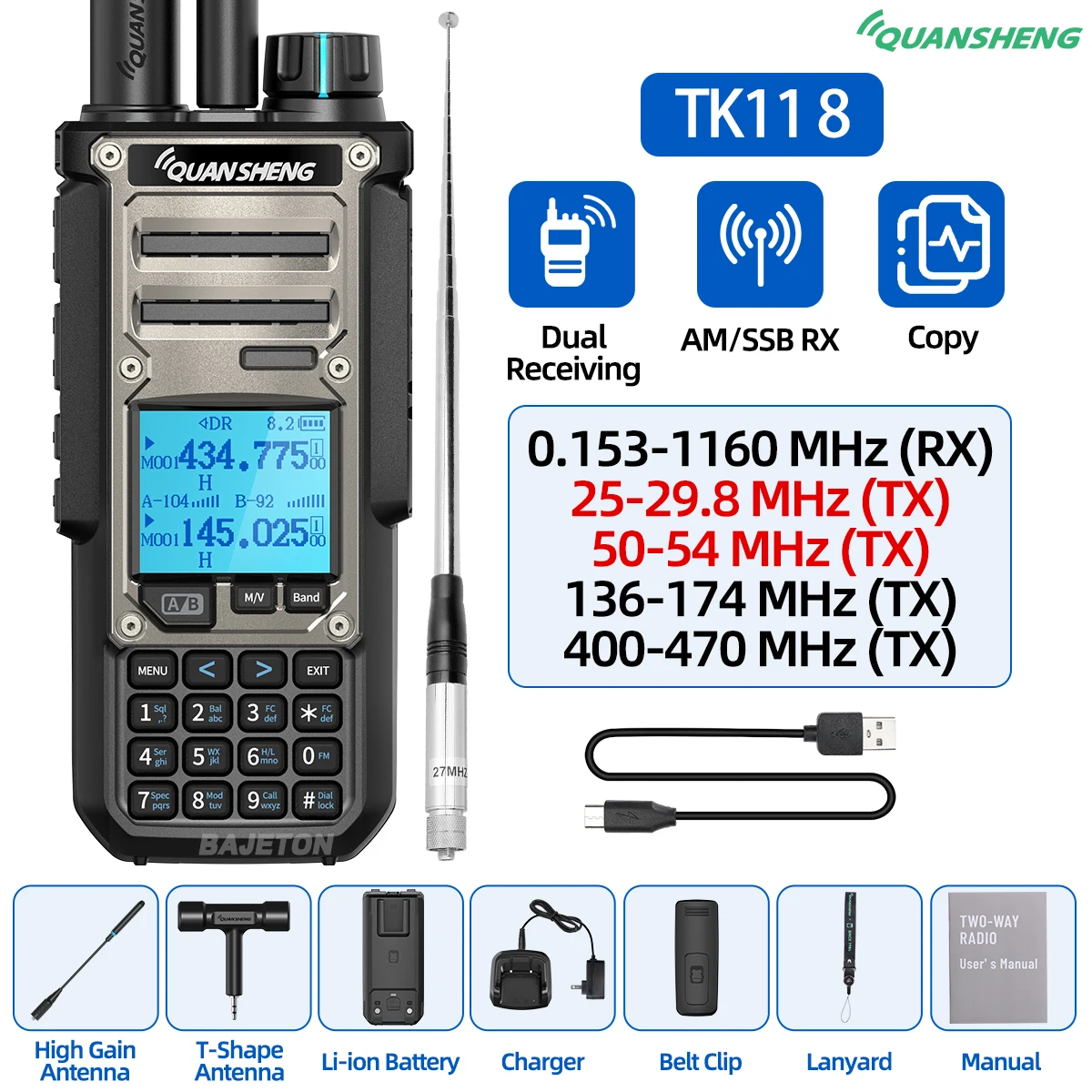 Quansheng TK11 8 Walkie Talkie Ham Radio 10W Dual Ontvangst PTT 27MHz CB CW LSB LW MW SW Type-C Oplader NOAA voor UV-K5 8 TK-11 5