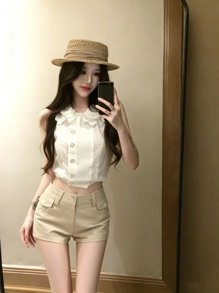 

French Coquette 2 Piece Set Women Cropped Halter Top Flower Collar Button Front High Waist Tailored Shorts Casual Daily Outfit